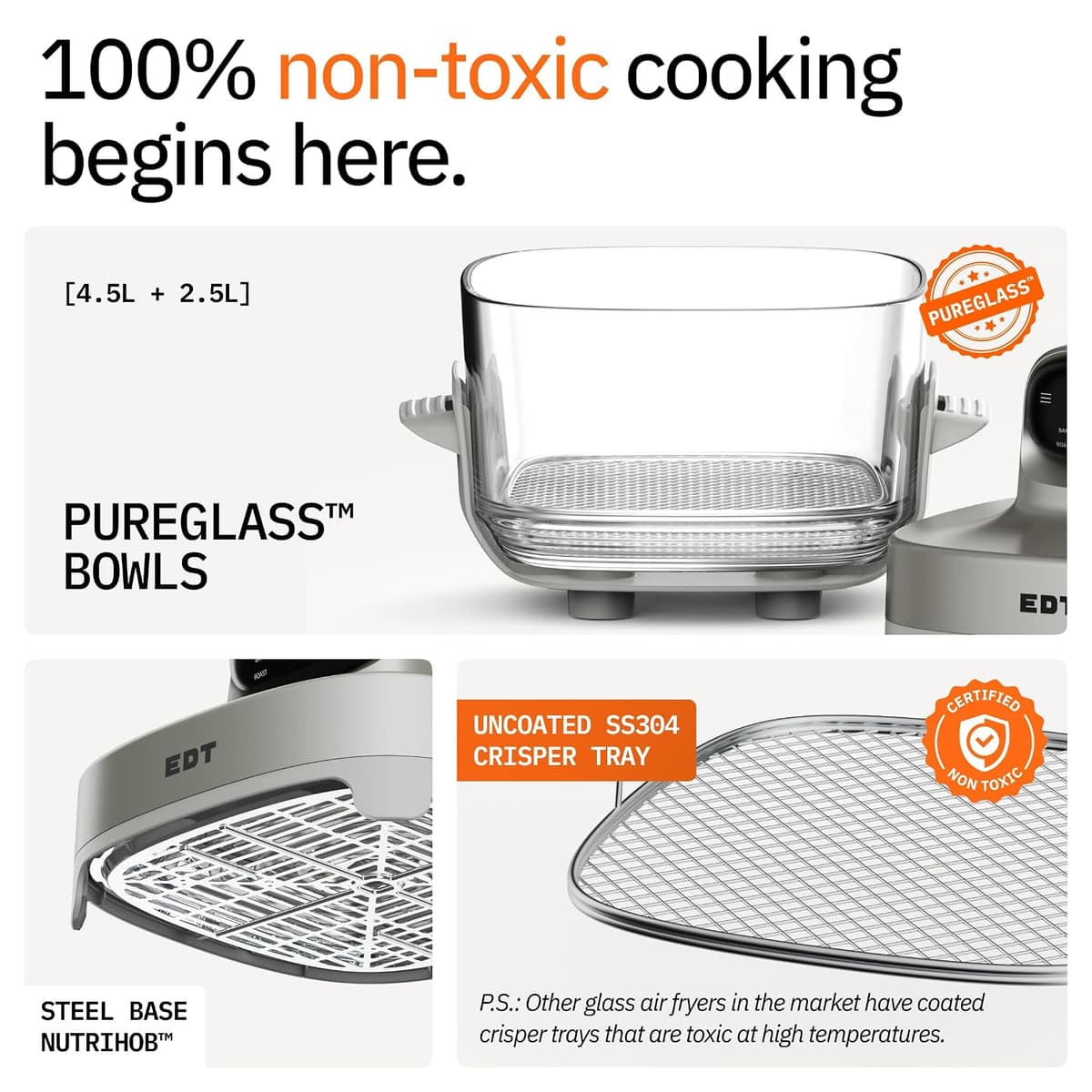 EDT Luma PureGlass Dual Bowl Air Fryer Oven, 4.5L + 2.5L, 1500W thumbnail 2