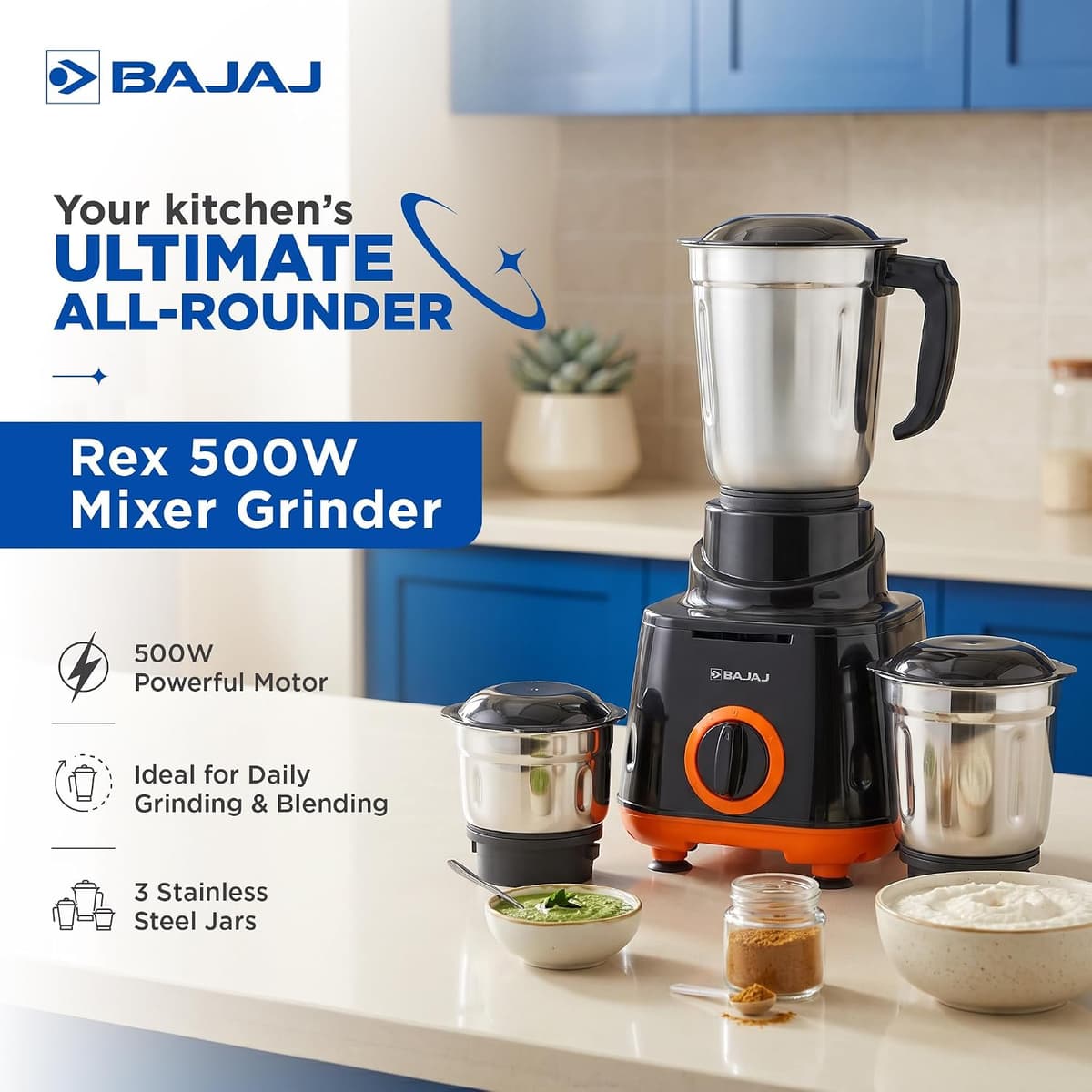 Bajaj Rex 500W Mixer Grinder thumbnail 3