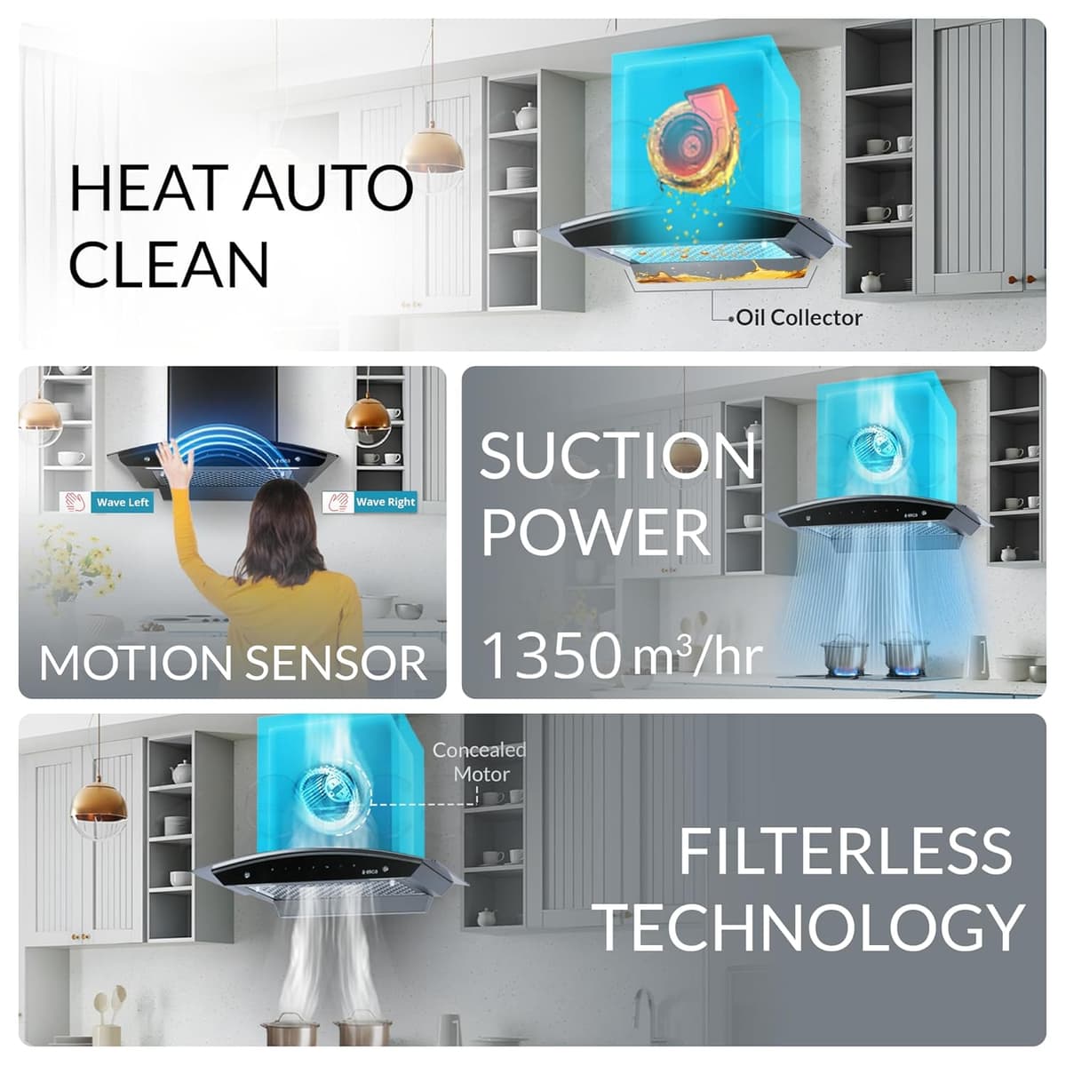 Elica FL 600 Slim 60cm 1350 m³/hr Curved Glass Filterless Autoclean Chimney thumbnail 3