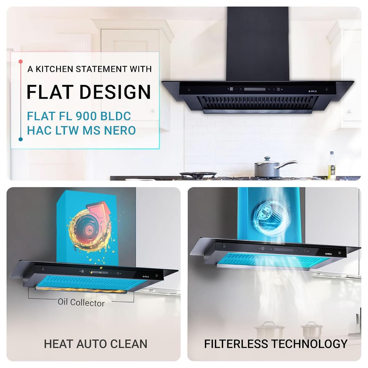 Elica 90cm 1600 m³/hr BLDC Filterless Autoclean Chimney with Full Grill (FLAT FL 900 MAX BLDC HAC LTW MS NERO) thumbnail 3