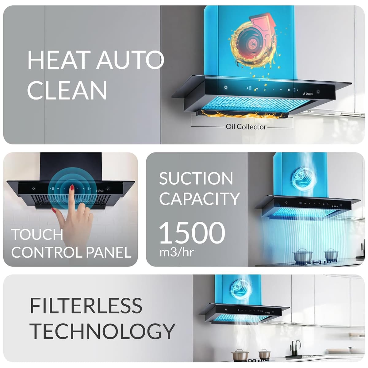 Elica FLAT FL 600 60cm 1500 m³/hr Filterless Autoclean T-Shape Chimney thumbnail 3