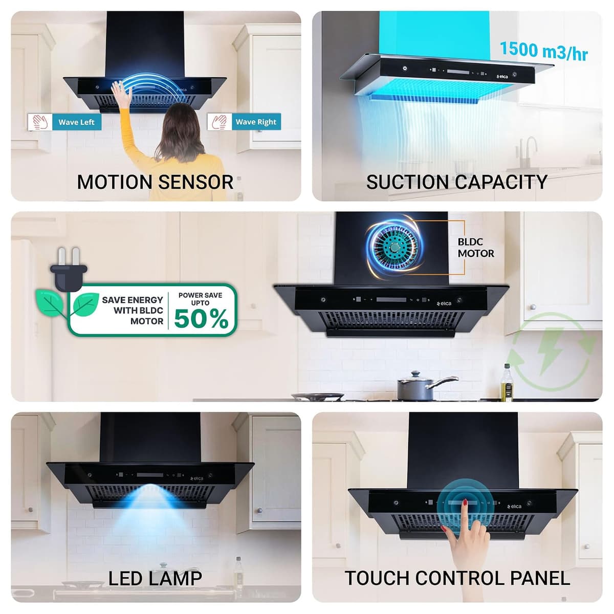 Elica FLAT FL 600 BLDC 60cm 1500 m³/hr Filterless Autoclean T-Shape Chimney thumbnail 2