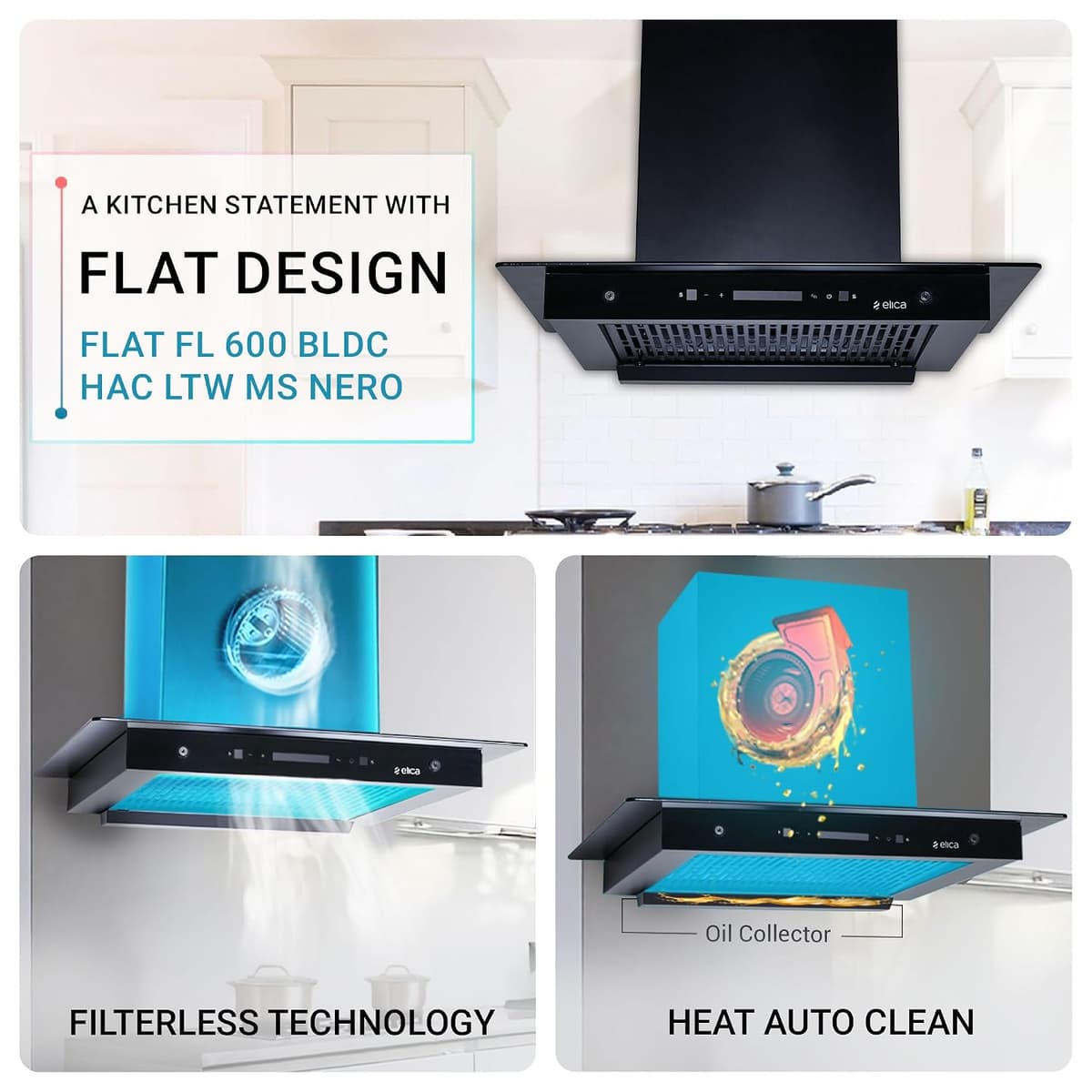 Elica FLAT FL 600 BLDC 60cm 1500 m³/hr Filterless Autoclean T-Shape Chimney thumbnail 3