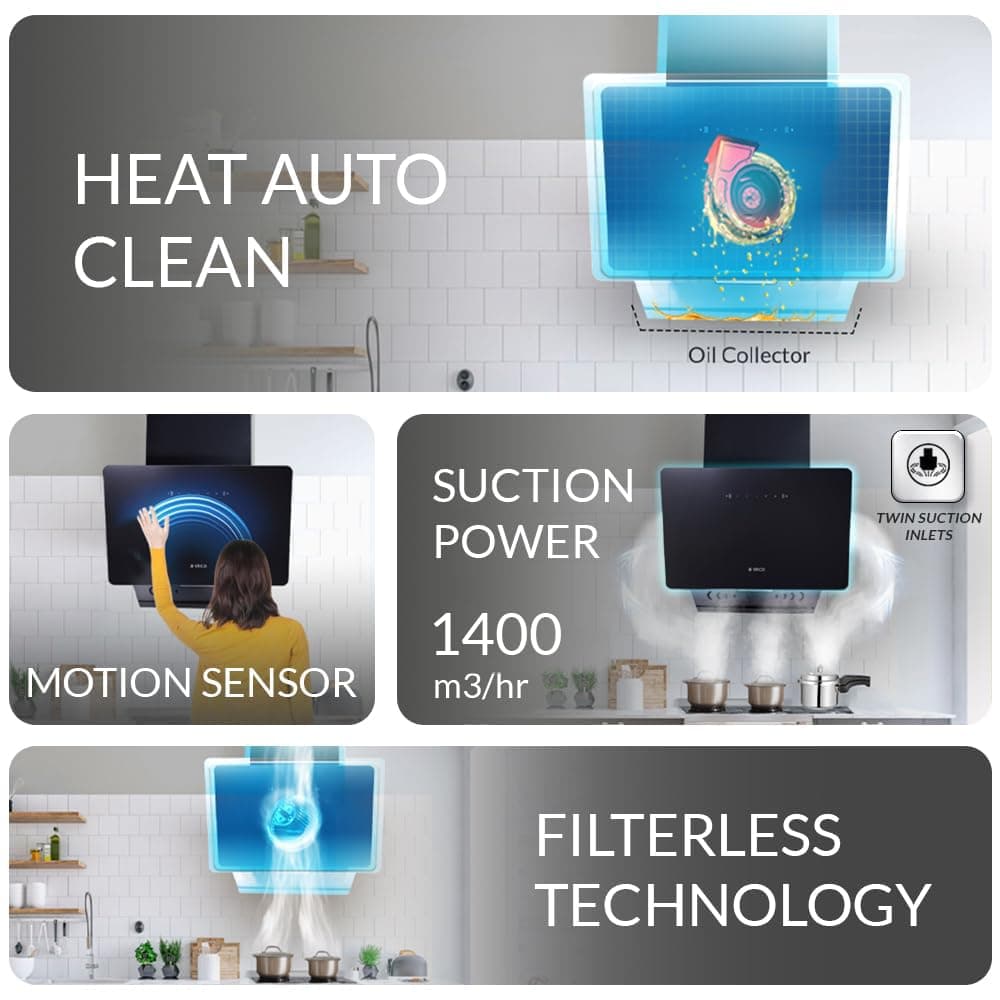 Elica Kitty FL 600 60cm 1400 m³/hr Vertical Filterless Autoclean Chimney with Twin Suction Inlets thumbnail 3