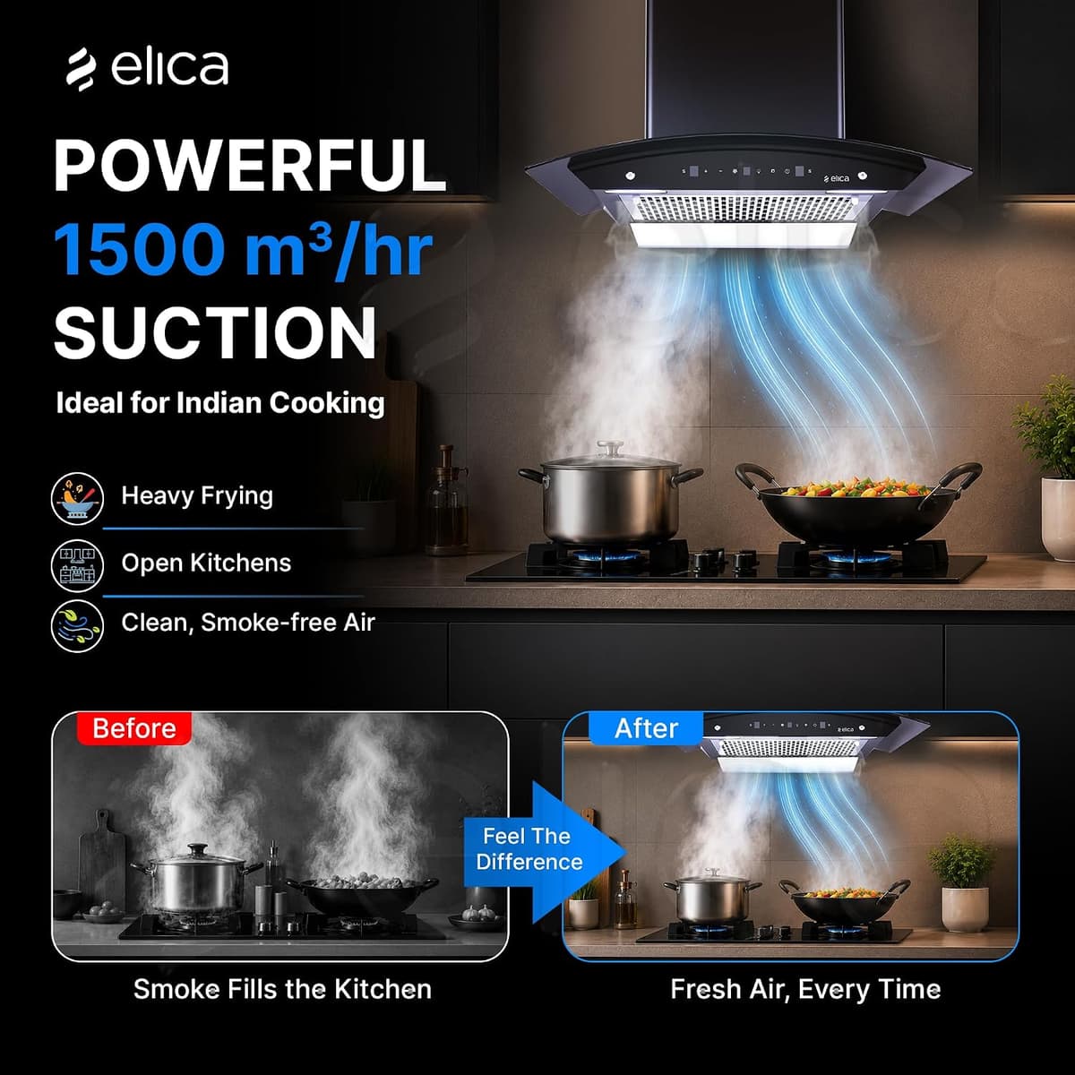 Elica 60cm 1500 m³/hr BLDC Filterless Autoclean Kitchen Chimney (WDFL 600 BLDC HAC LTW MS NERO) thumbnail 3