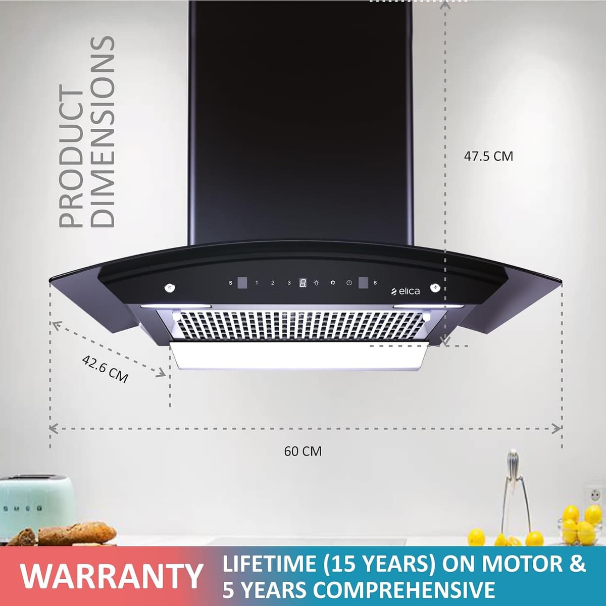 Elica 60cm 1350 m³/hr Filterless Autoclean Kitchen Chimney (WDFL 606 HAC LTW MS NERO) thumbnail 2