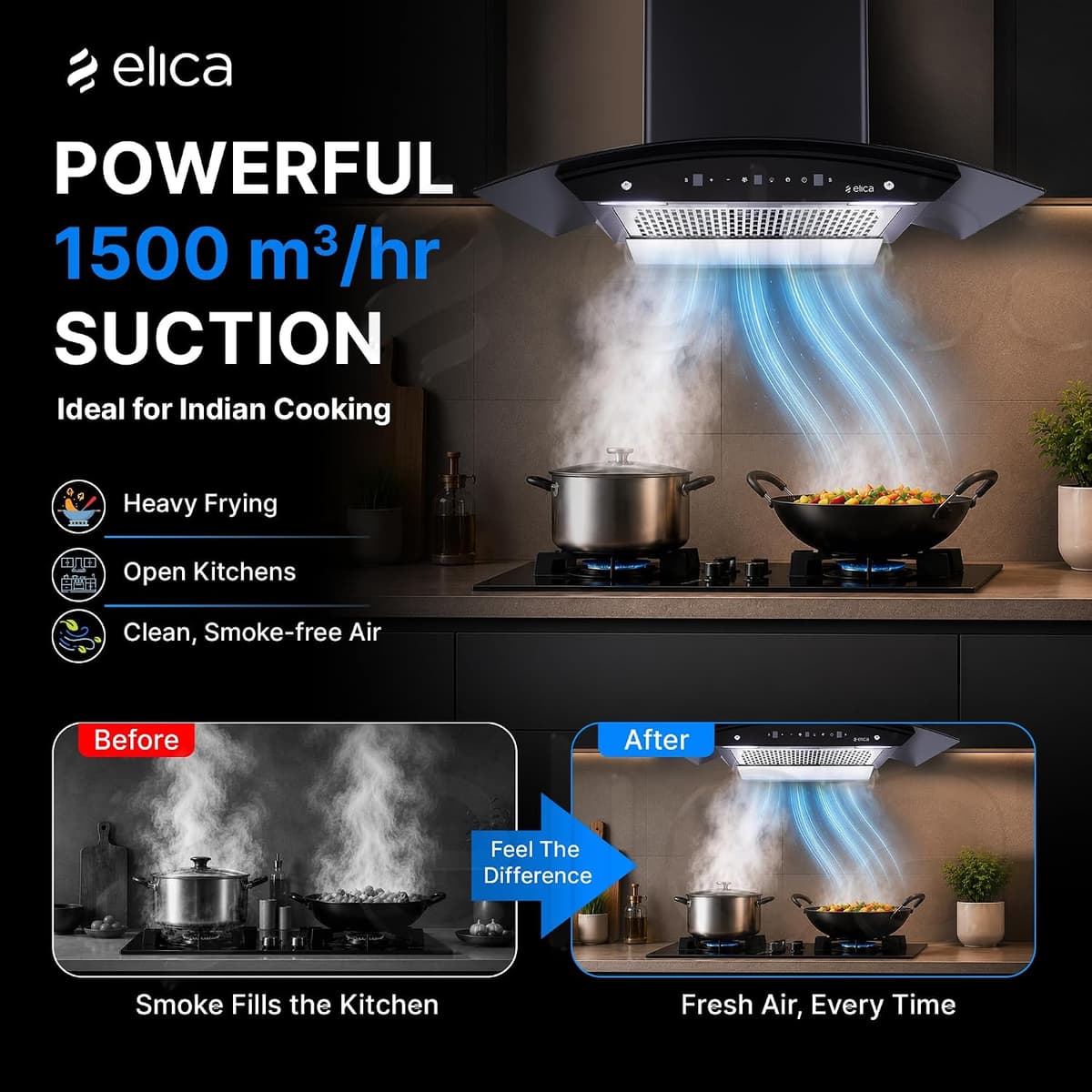Elica 90cm 1500 m³/hr BLDC Filterless Autoclean Kitchen Chimney (WDFL 900 BLDC HAC LTW MS NERO) thumbnail 3