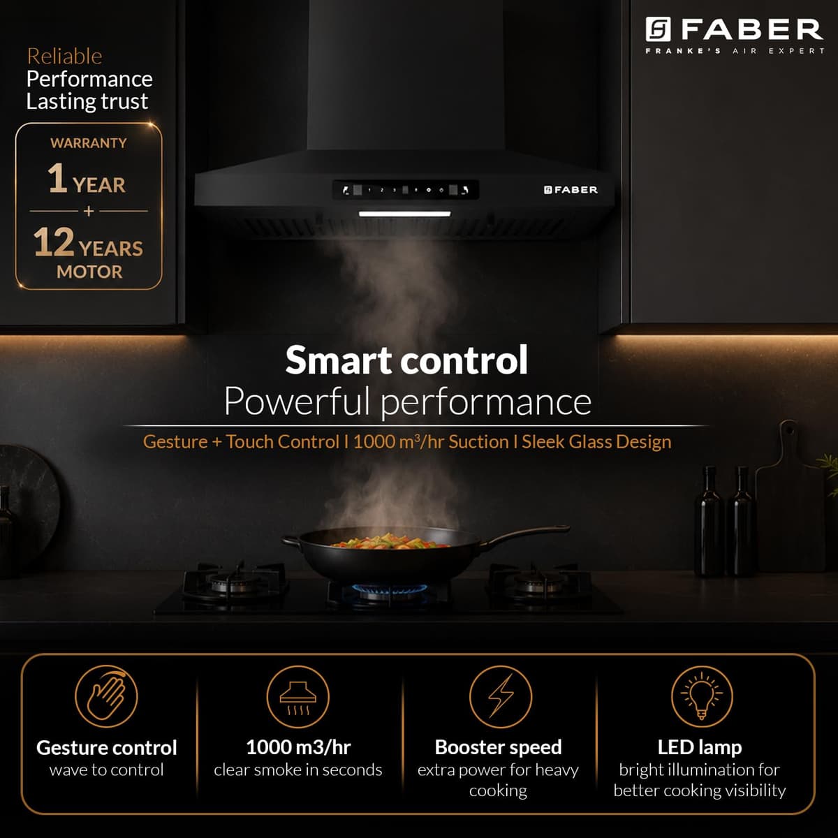 Faber Pluto 60cm 1000 m³/hr Baffle Filter Chimney with Touch and Gesture Control - view 2