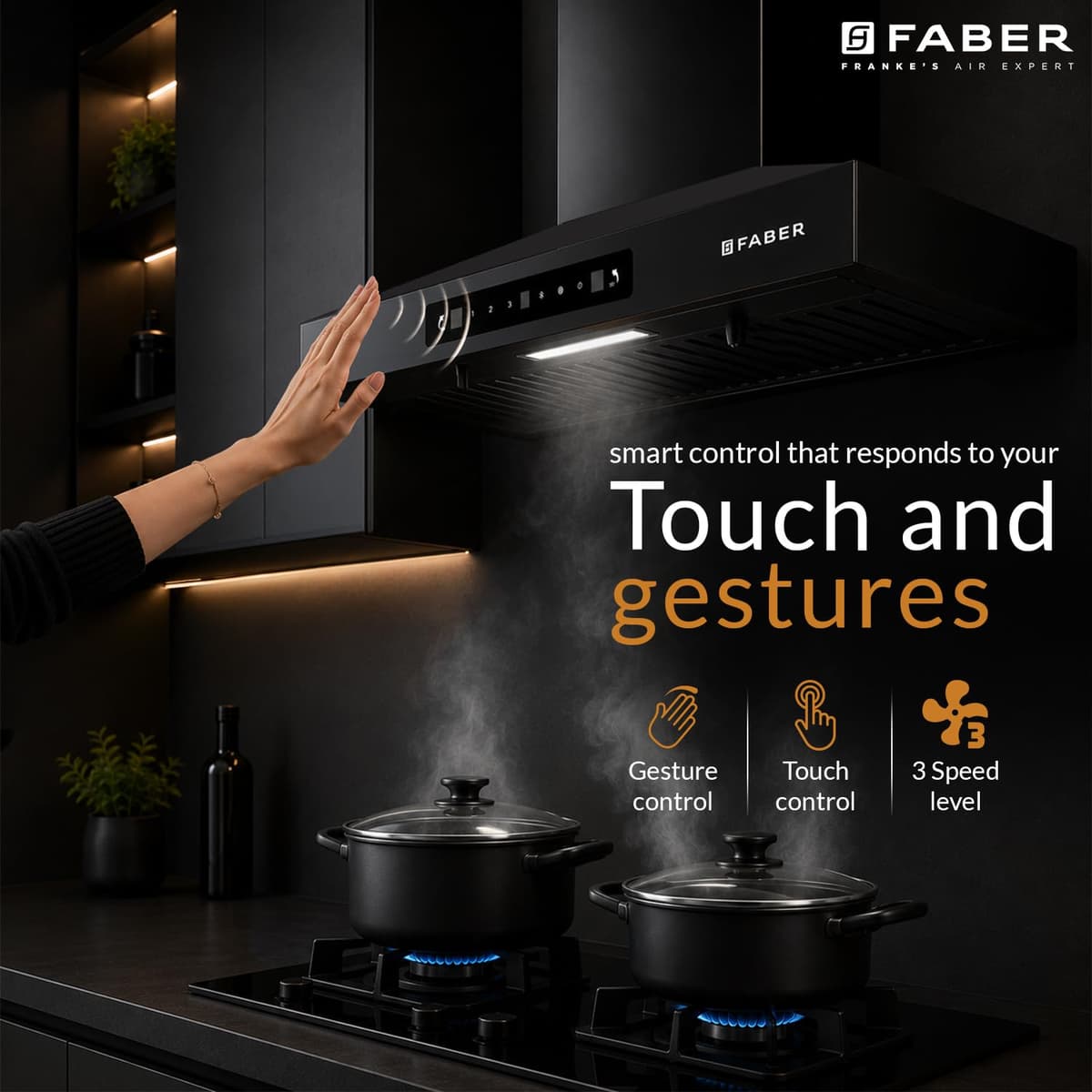 Faber Pluto 60cm 1000 m³/hr Baffle Filter Chimney with Touch and Gesture Control - view 3