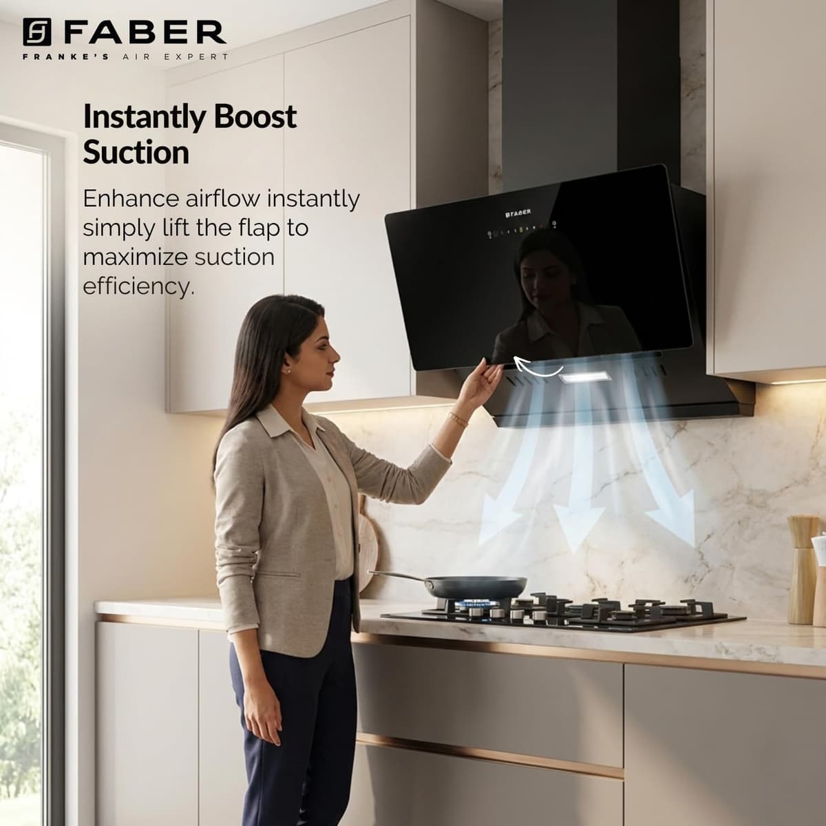 Faber 60cm 1400 m³/hr Vertical Filterless Autoclean Chimney with Dual Suction Vents thumbnail 2