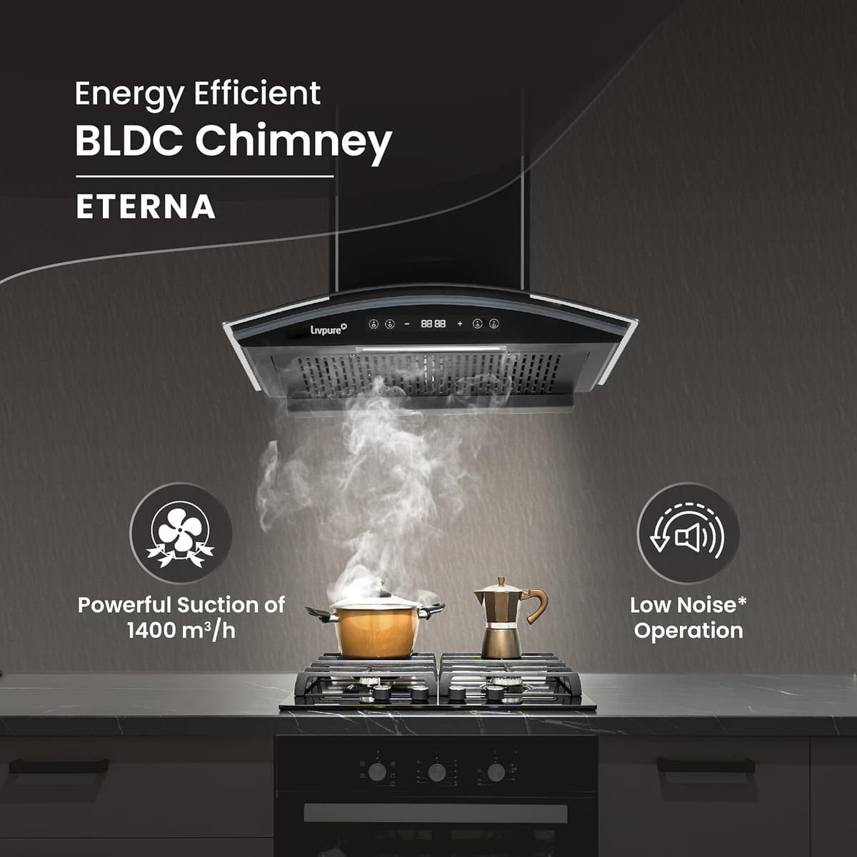 Livpure Eterna 60cm BLDC Curved Glass 1400 m³/hr Filterless Chimney thumbnail 3