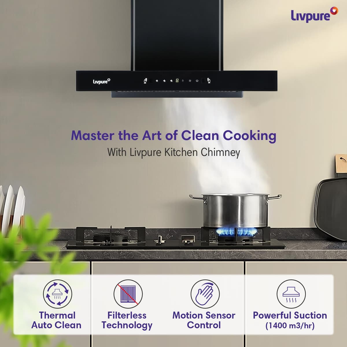 Livpure Fenix 60cm T-Shape 1400 m³/hr Filterless Chimney thumbnail 3
