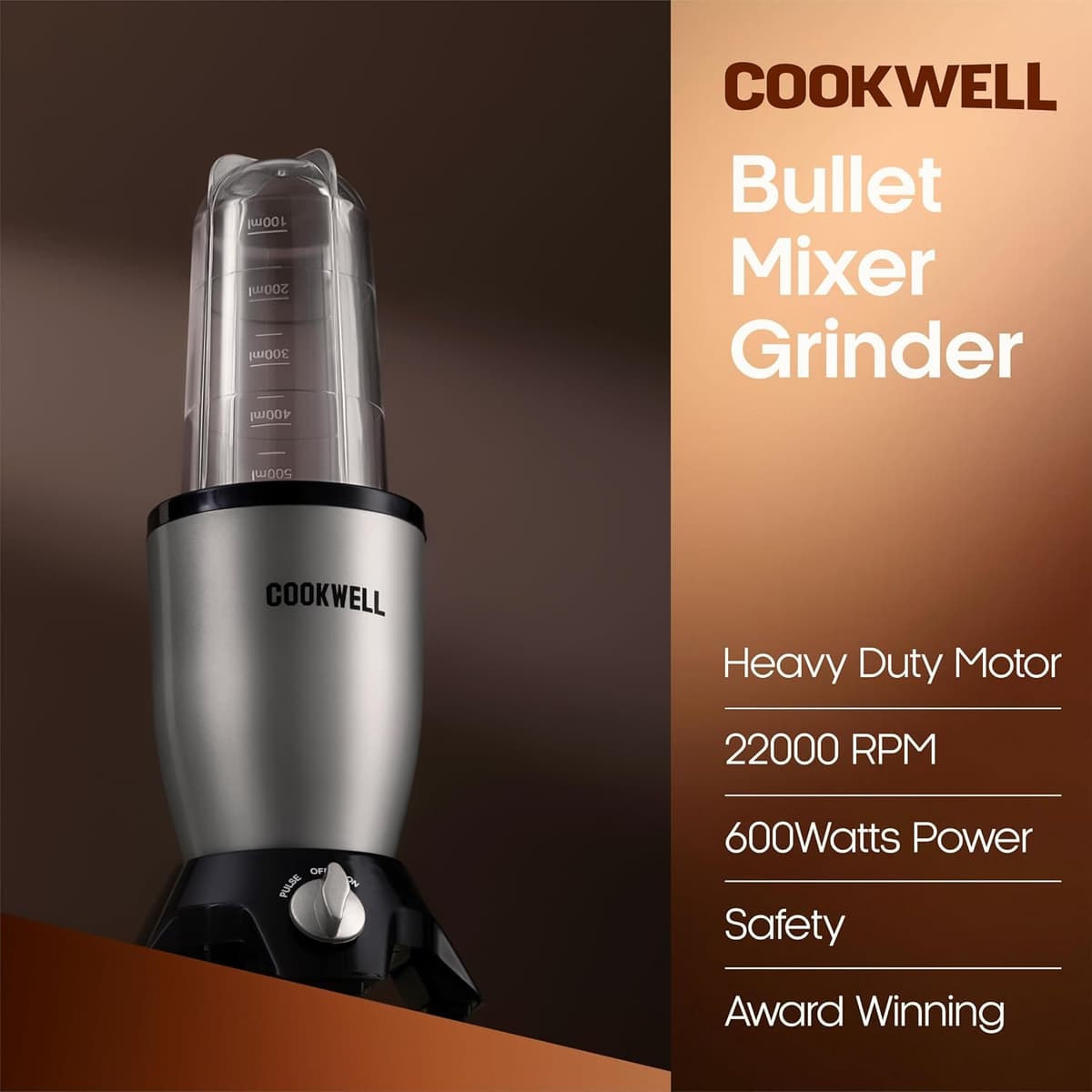 Cookwell Bullet 600W Mixer Grinder (5 Jars, 3 Blades) thumbnail 2