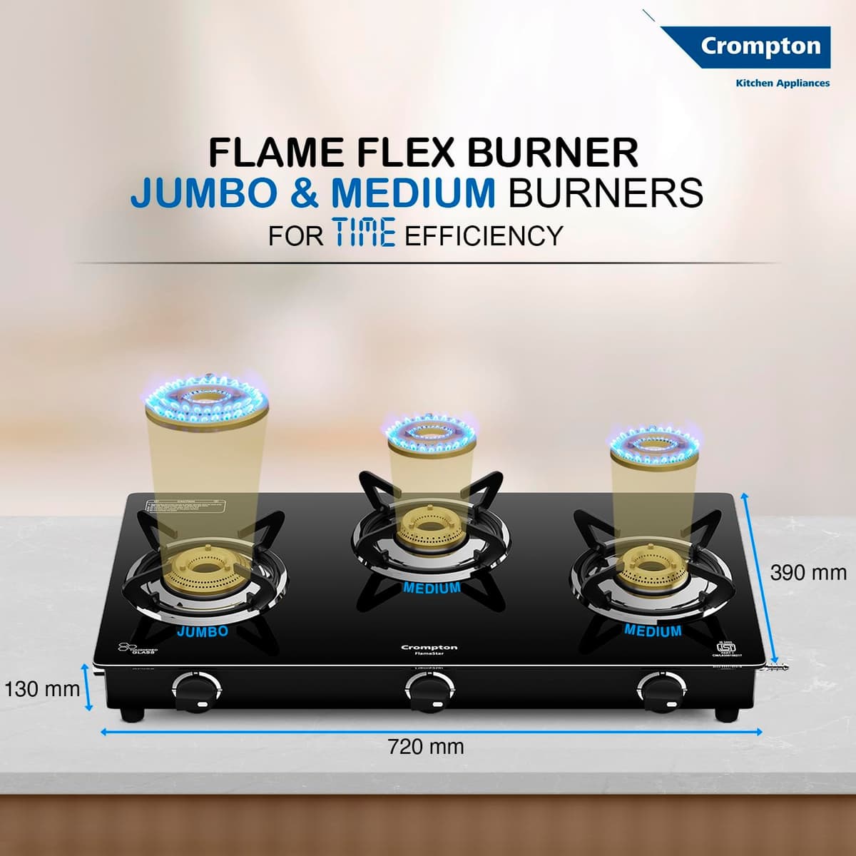 Crompton FlameStar 3 Burner Glass Top Gas Stove (CKT-FSR693-MSB) thumbnail 2