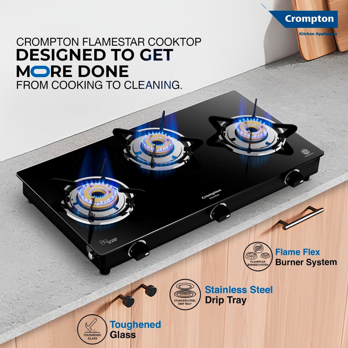Crompton FlameStar 3 Burner Glass Top Gas Stove (CKT-FSR693-MSB) thumbnail 3