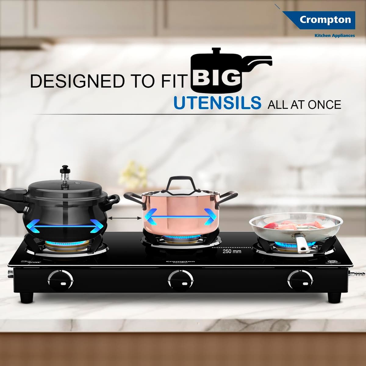 Crompton FlameStar 3 Burner Glass Top Gas Stove (CKT-FSR693-MSB) thumbnail 4
