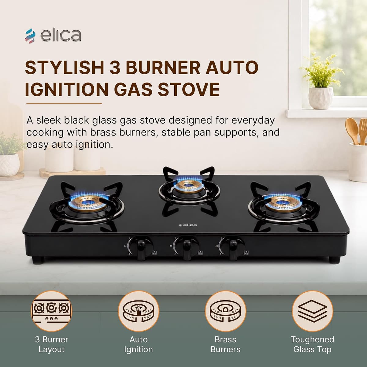 Elica Vetro 3 Burner Auto Ignition Gas Stove (773 CT VETRO BLK AI) thumbnail 3
