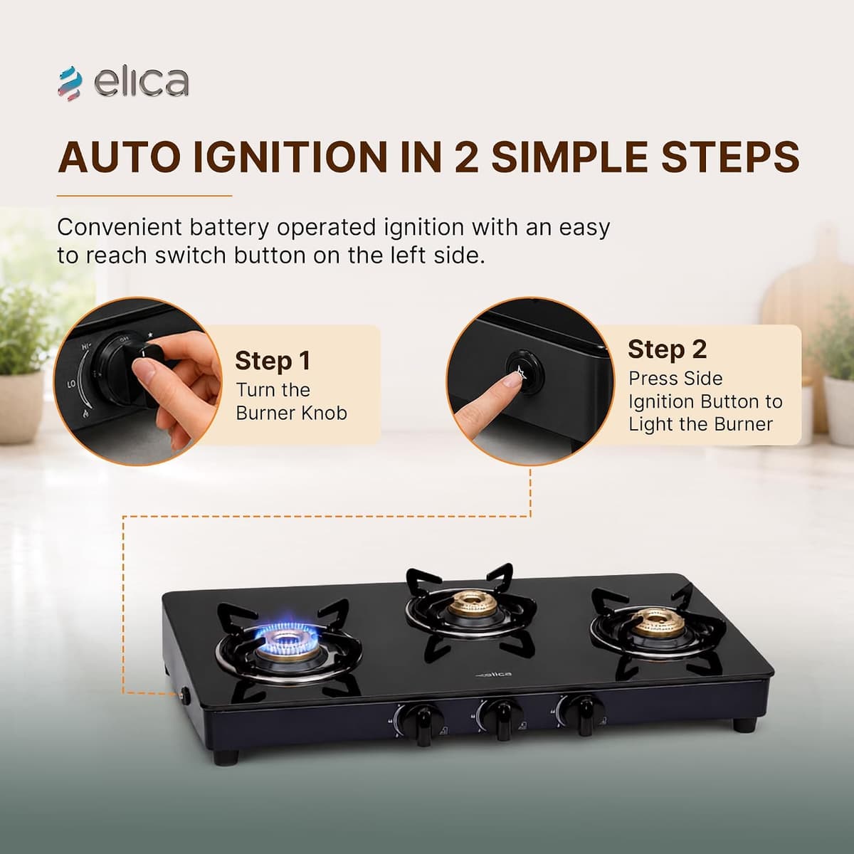 Elica Vetro 3 Burner Auto Ignition Gas Stove (773 CT VETRO BLK AI) thumbnail 4