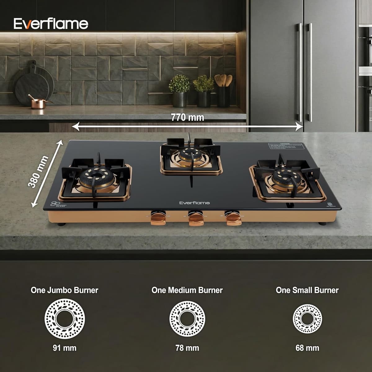 Everflame Aurum 3 Burner Glass Top Gas Stove thumbnail 2