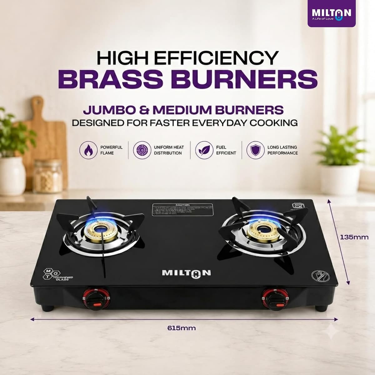 Milton Premium 2 Burner Glass Top Gas Stove (Black) thumbnail 2