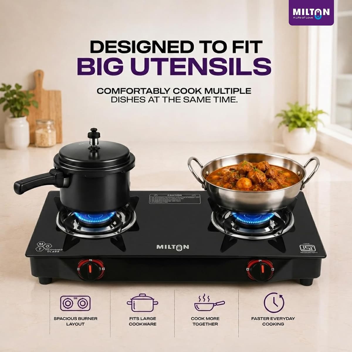 Milton Premium 2 Burner Glass Top Gas Stove (Black) thumbnail 4