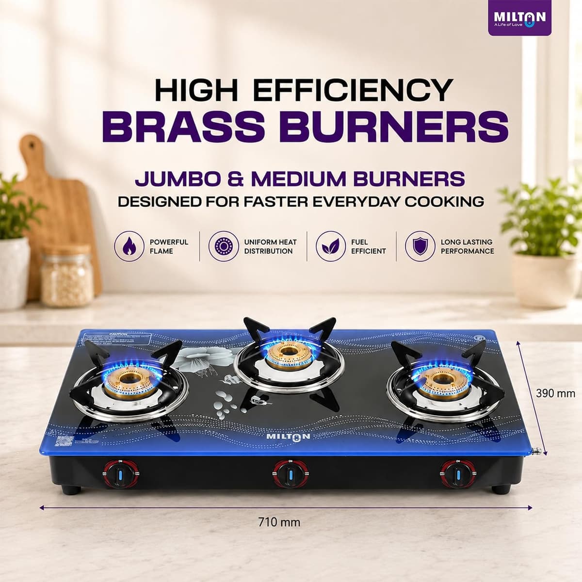 Milton Premium 3 Burner Glass Top Gas Stove (Blue) thumbnail 2
