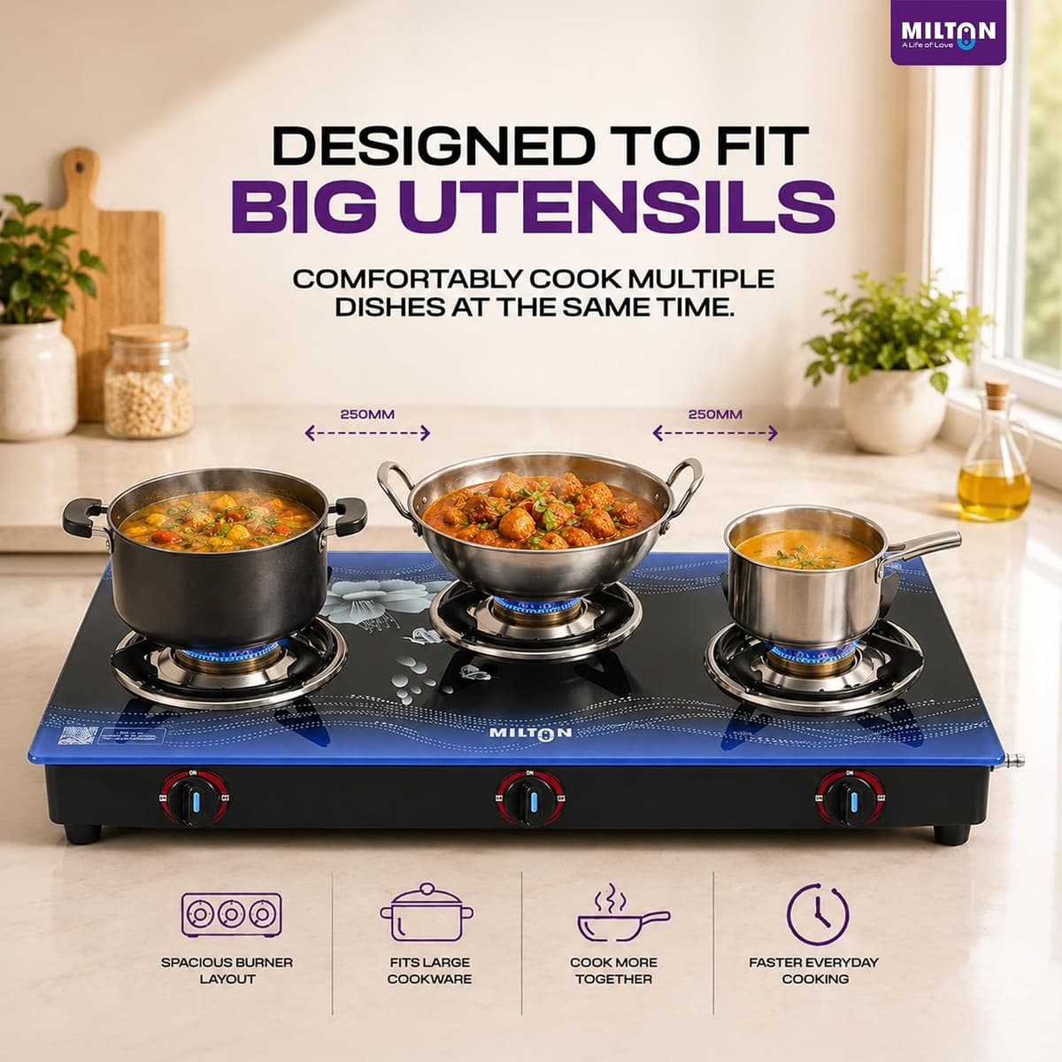 Milton Premium 3 Burner Glass Top Gas Stove (Blue) thumbnail 4