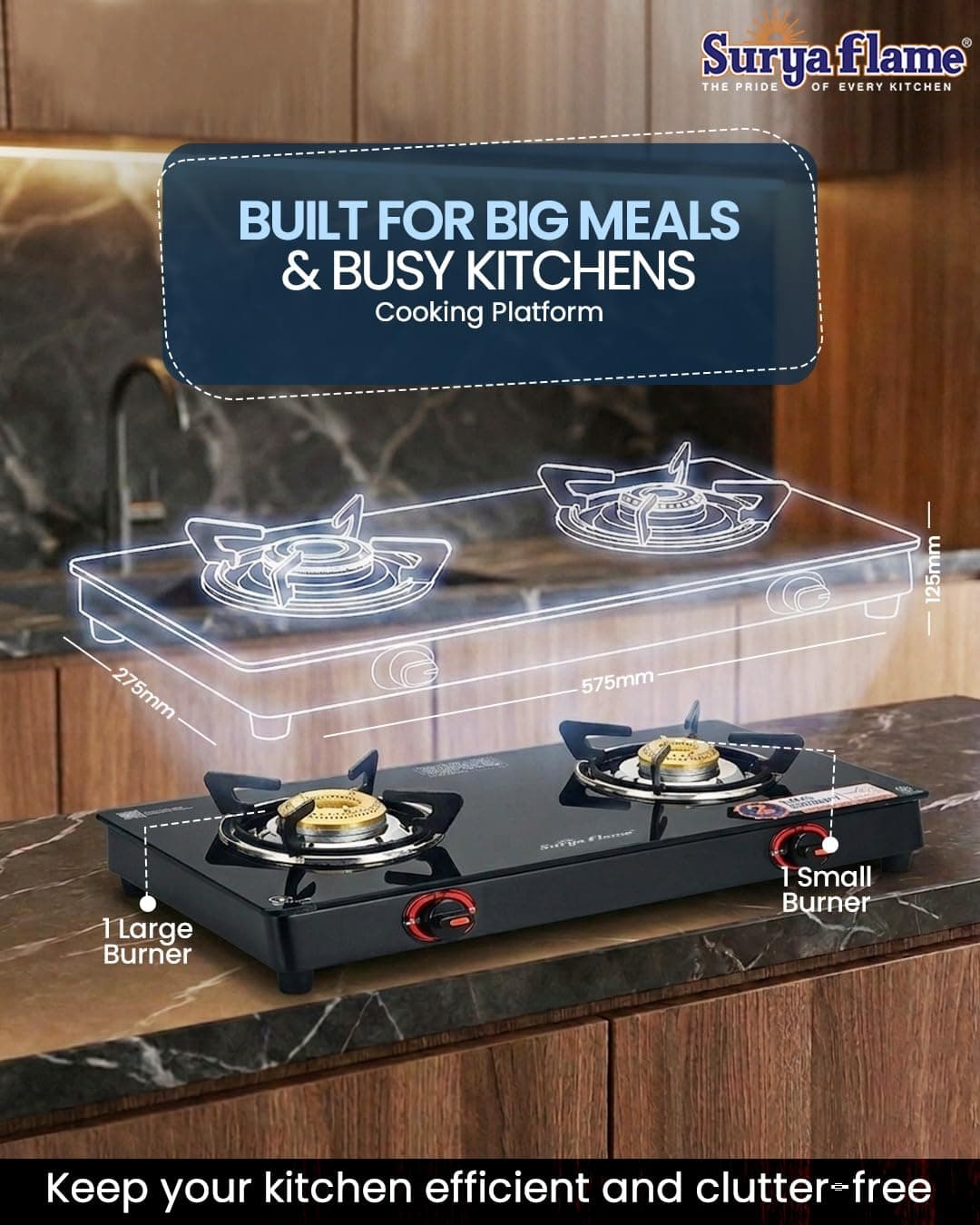 Surya Flame 2 Burner Glass Top Gas Stove thumbnail 2
