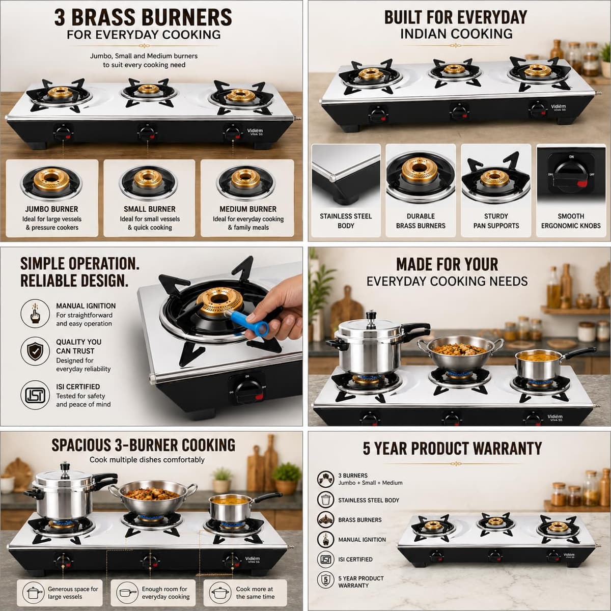 Vidiem Viva 3 Burner Stainless Steel Gas Stove (GS S3 179 A) thumbnail 2