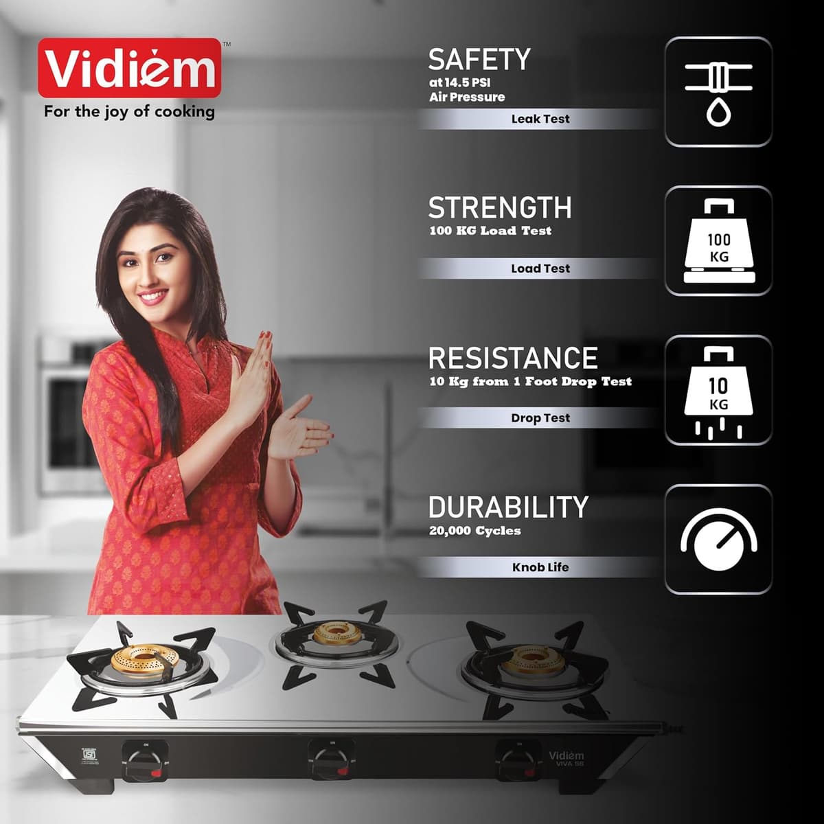 Vidiem Viva 3 Burner Stainless Steel Gas Stove (GS S3 179 A) thumbnail 3