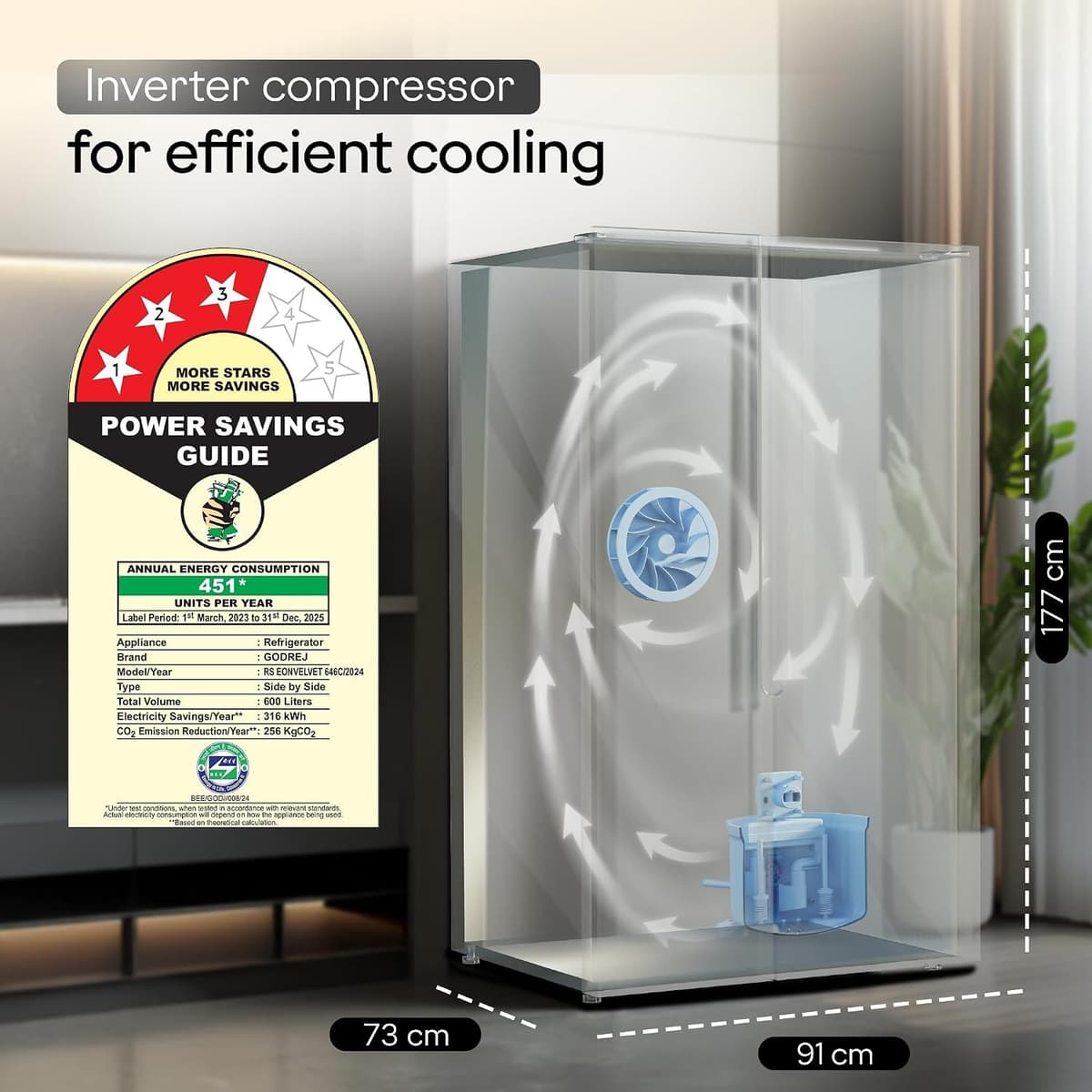 Godrej 600L 3 Star Inverter Glass Door Side-by-Side (RS EONVELVET 646C RIT) thumbnail 2