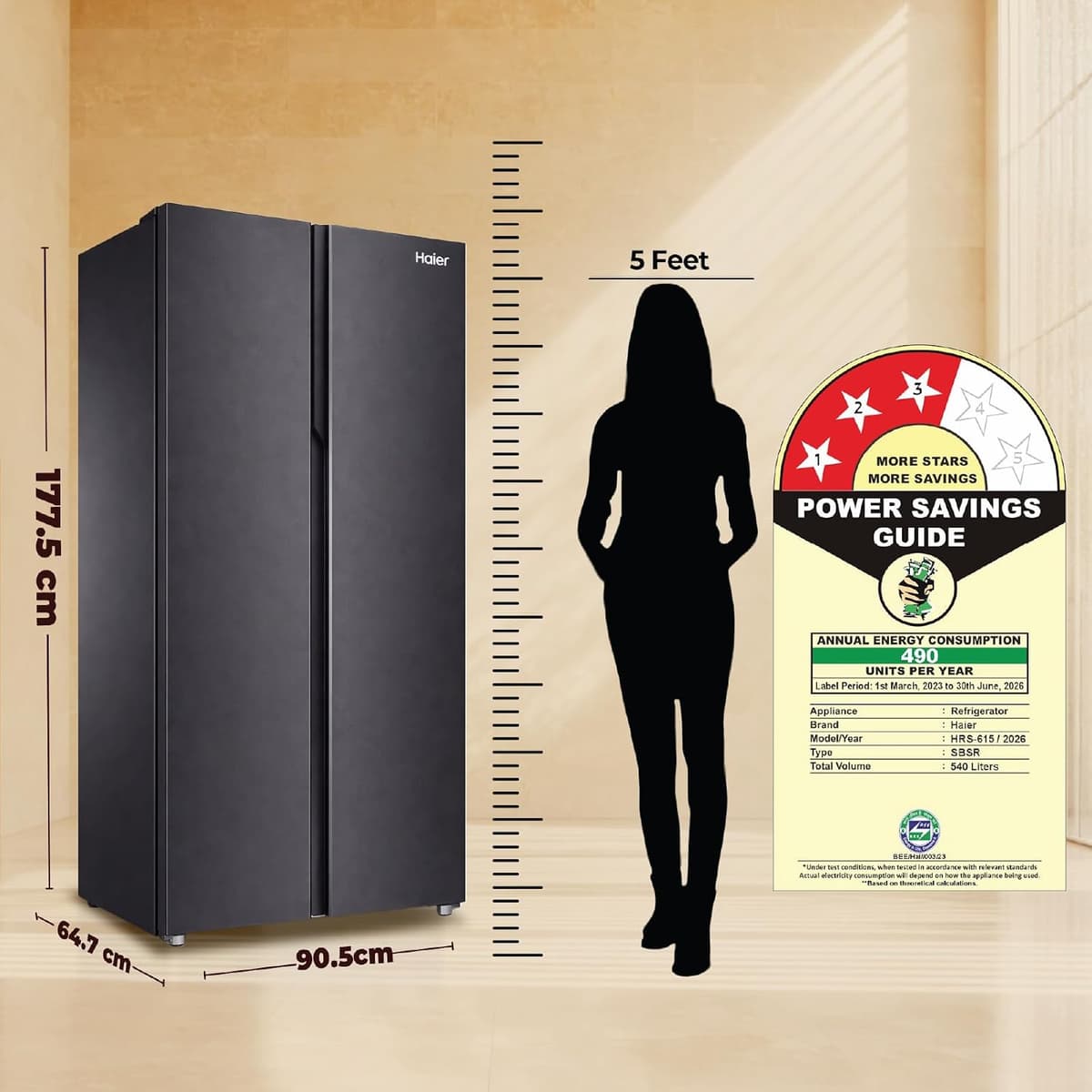 Haier 540L 3 Star Frost Free Inverter Side-by-Side (HRS-615LB) thumbnail 2