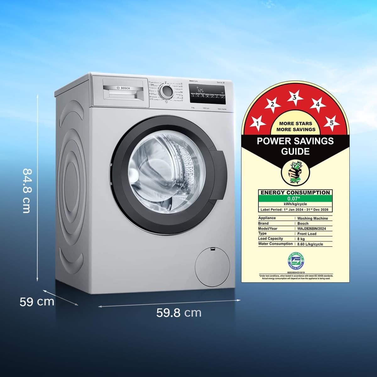 Bosch 8 Kg 5 Star Front Load with Steam Hygiene and AI ActiveWater, Shiny Silver (WAJ2826BIN) thumbnail 2