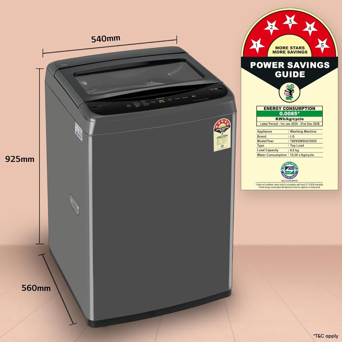 LG 8 Kg 5 Star Smart Inverter TurboDrum Top Load (T80VBMB4Z) thumbnail 2