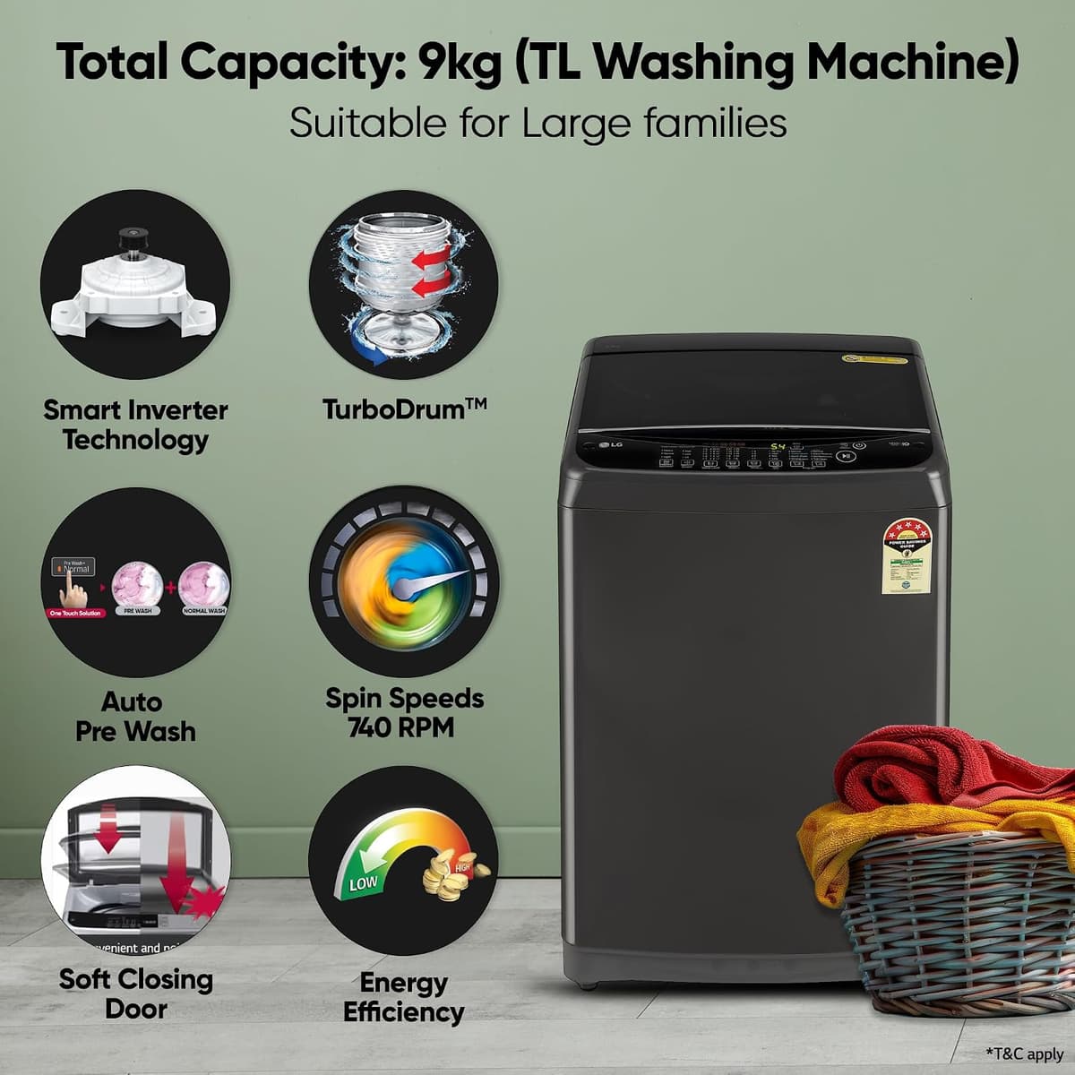 LG 9 Kg 5 Star Smart Inverter TurboDrum Fully Automatic Top Load (T90AJMB1Z) thumbnail 3