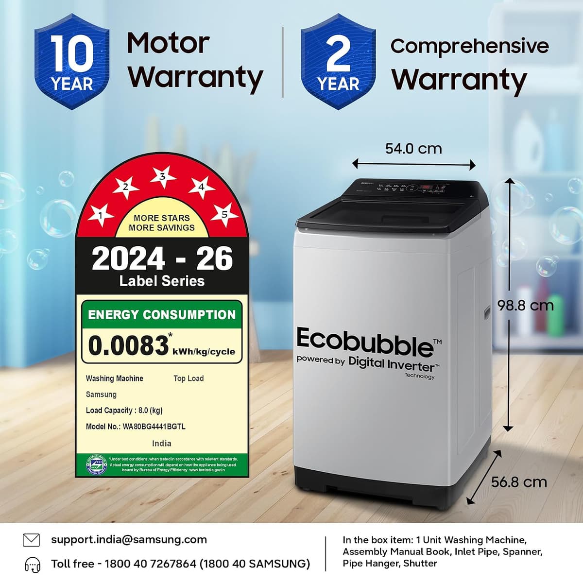 Samsung 8 Kg 5 Star Ecobubble Digital Inverter Fully Automatic Top Load (WA80BG4441BGTL) thumbnail 2