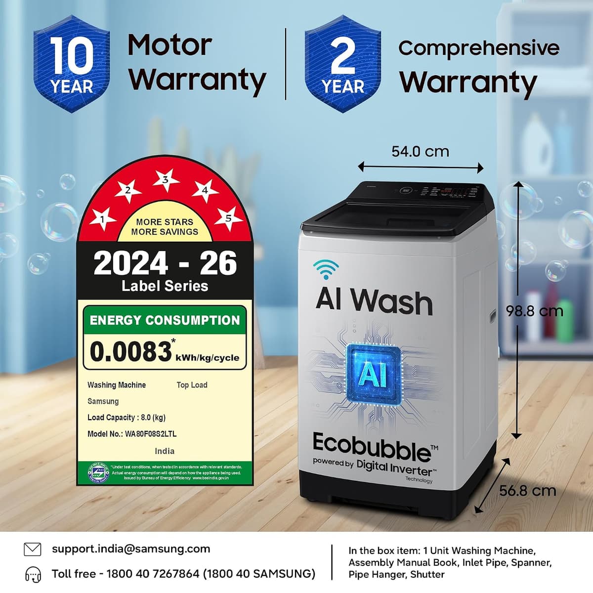 Samsung 8 Kg 5 Star AI Wash Wi-Fi Ecobubble Fully Automatic Top Load (WA80F08S2LTL) thumbnail 2