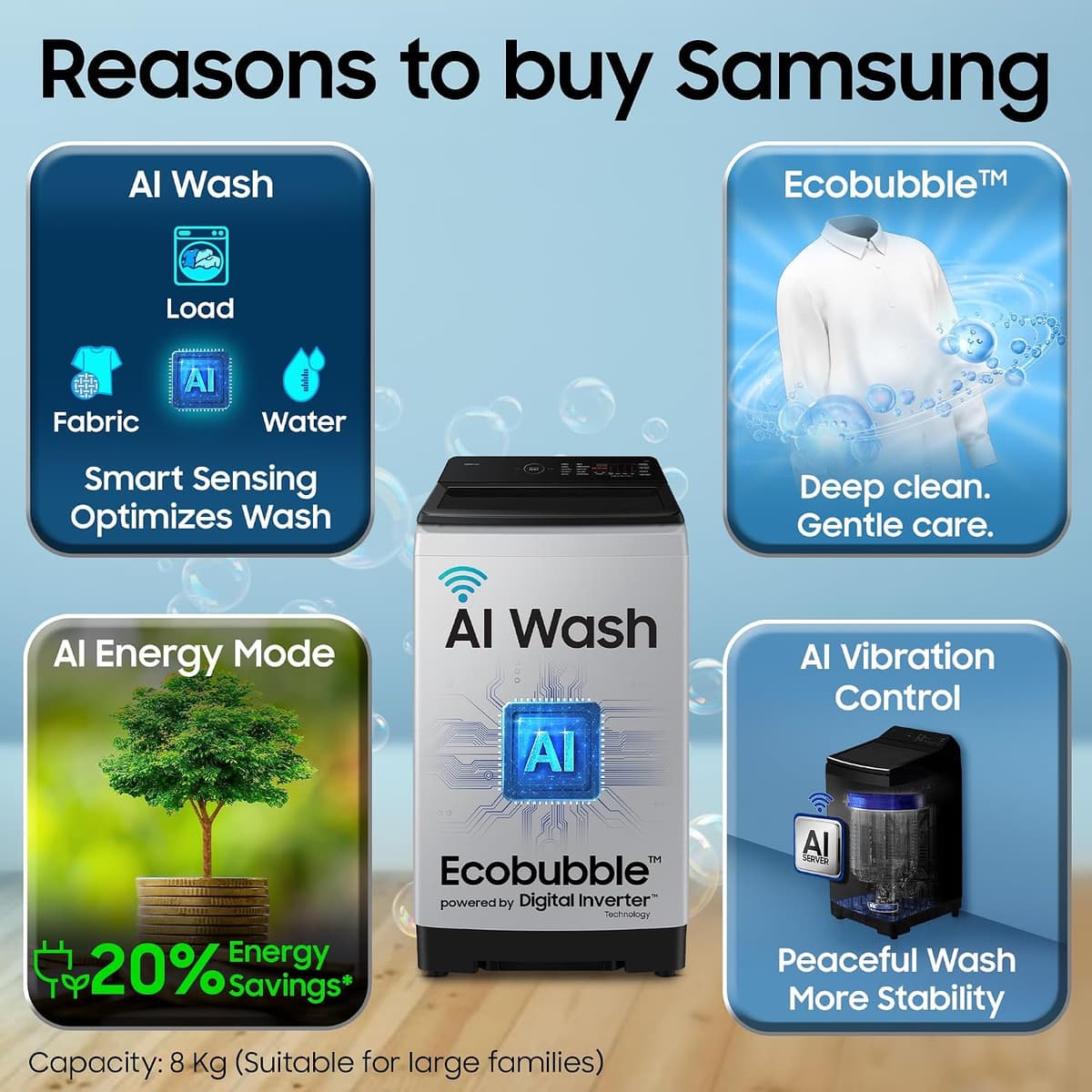 Samsung 8 Kg 5 Star AI Wash Wi-Fi Ecobubble Fully Automatic Top Load (WA80F08S2LTL) thumbnail 3