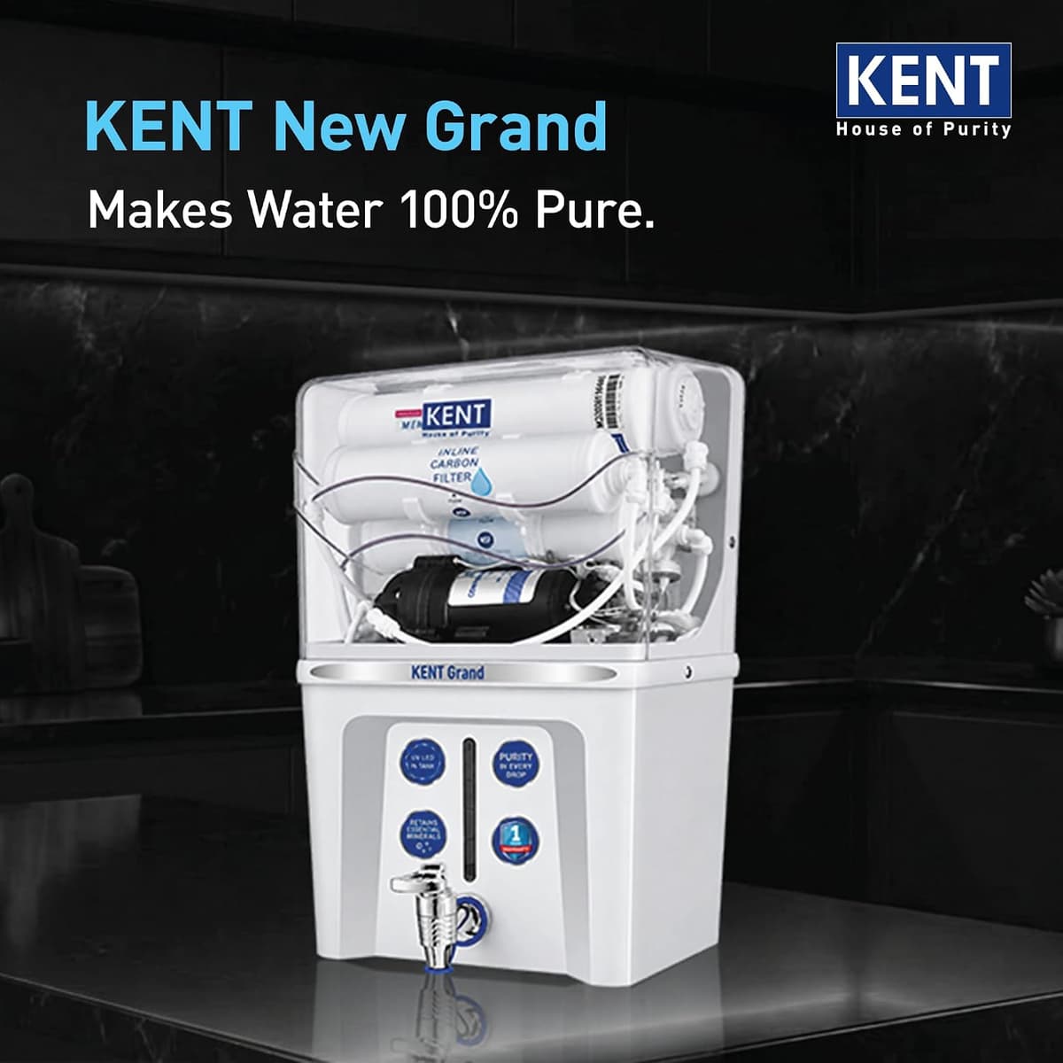 KENT New Grand RO Water Purifier (RO+UF+TDS Control+UV LED Tank, 7.5L, White) thumbnail 2