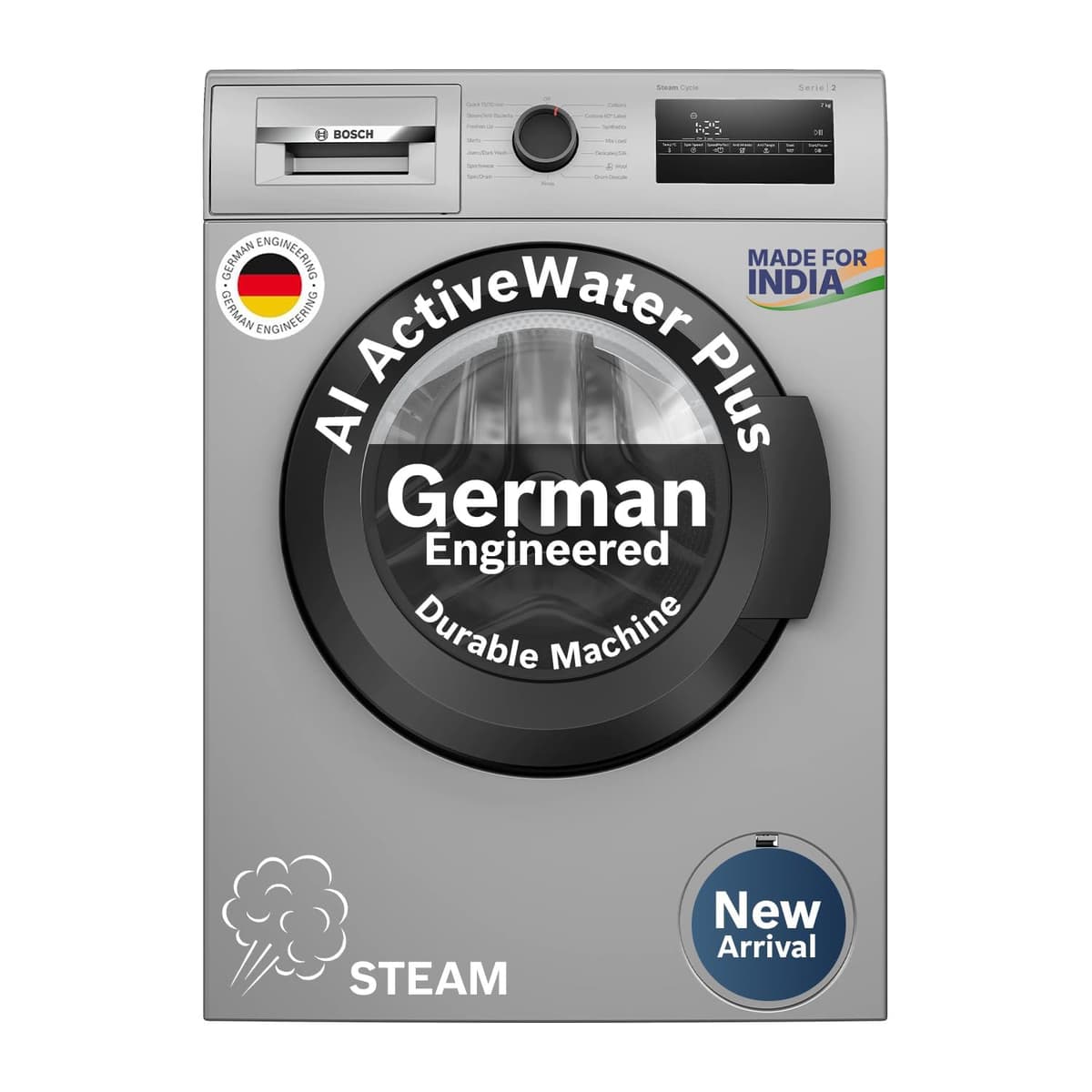 Bosch 8 Kg 5 Star Front Load with Steam Hygiene and AI ActiveWater, Shiny Silver (WAJ2826BIN) - view 1