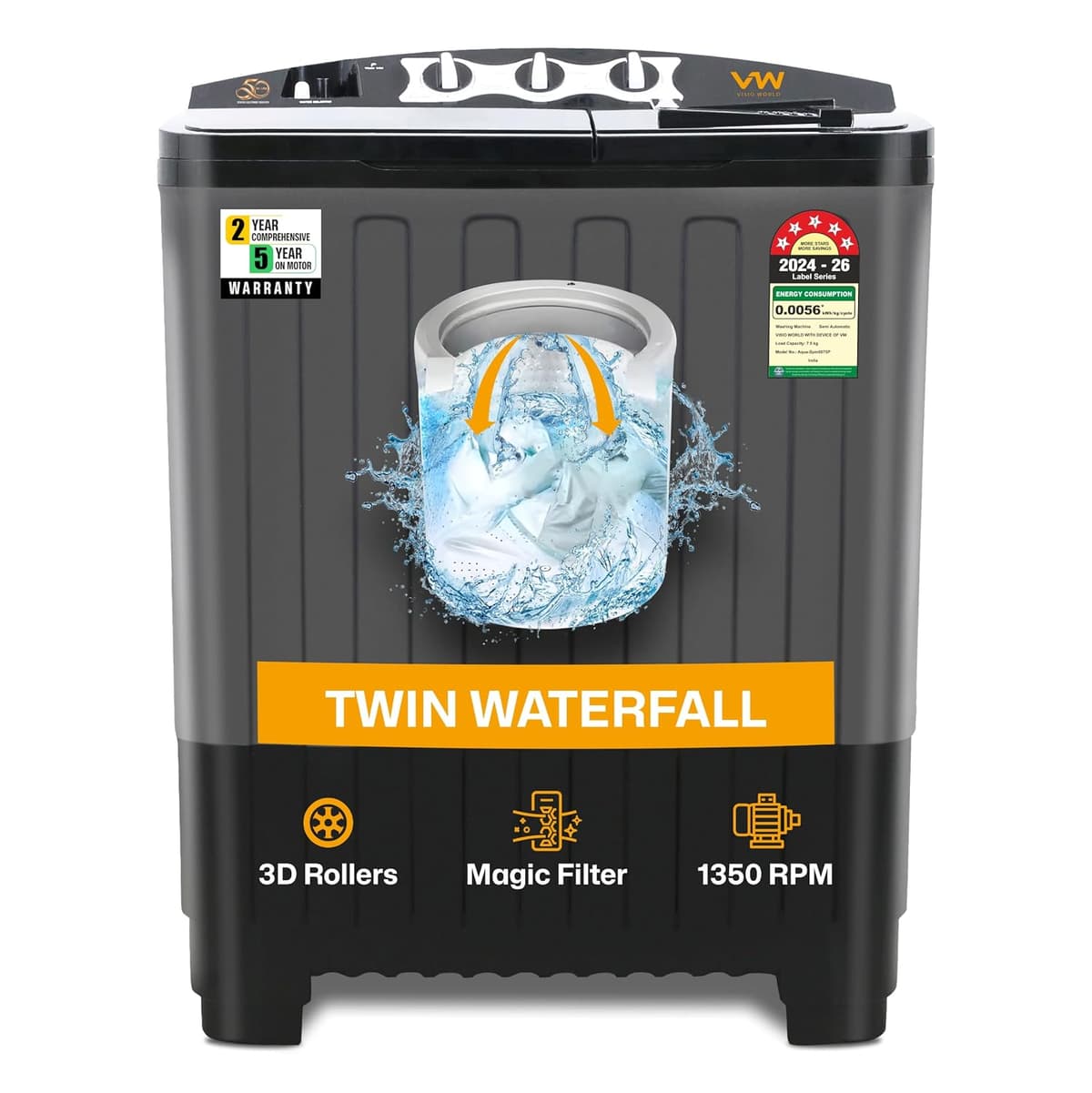 VW 7.5 Kg 5 Star Aqua Spin Semi-Automatic Top Load (AquaSpin0075P) - view 1