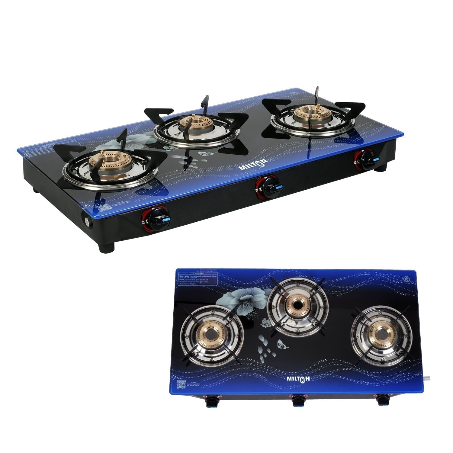 Milton Premium 3 Burner Glass Top Gas Stove (Blue)