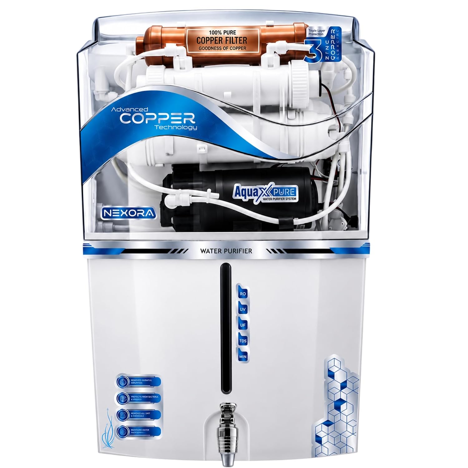 Aqua X Pure Nexora RO+UV LED Water Purifier with Copper & Zinc (12L)